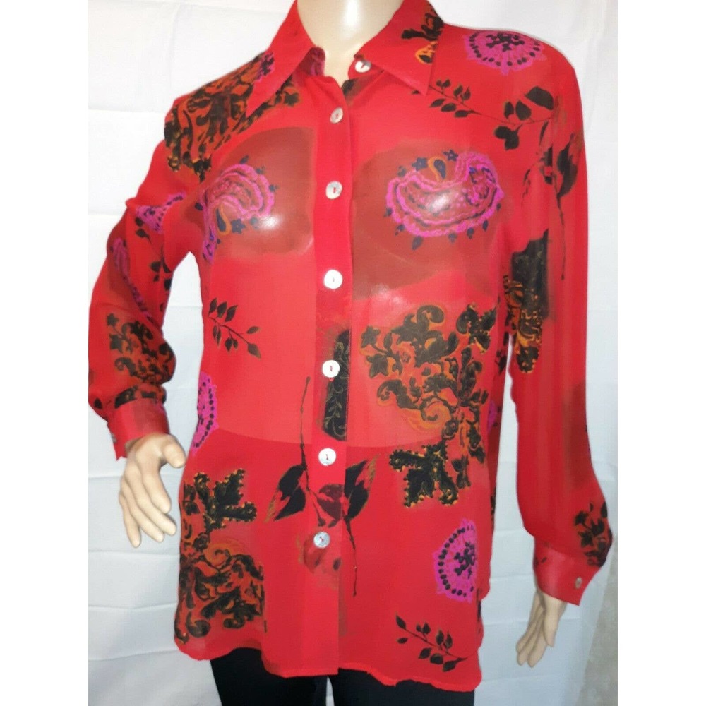 Tess Silk Vintage Red Black Floral Blouse L
